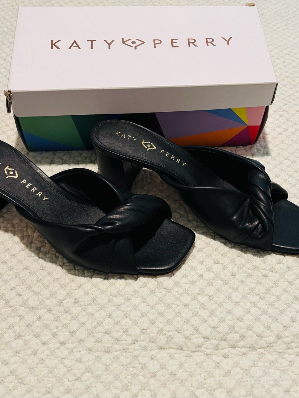 Katy Perry Collections Black Twisted Leather Mule Heels Sandals Size 9.5